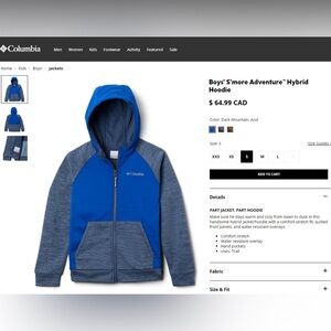 Boys Columbia Hoody Zip-up Hybrid Water Resistant Jacket NEW! Size S/8